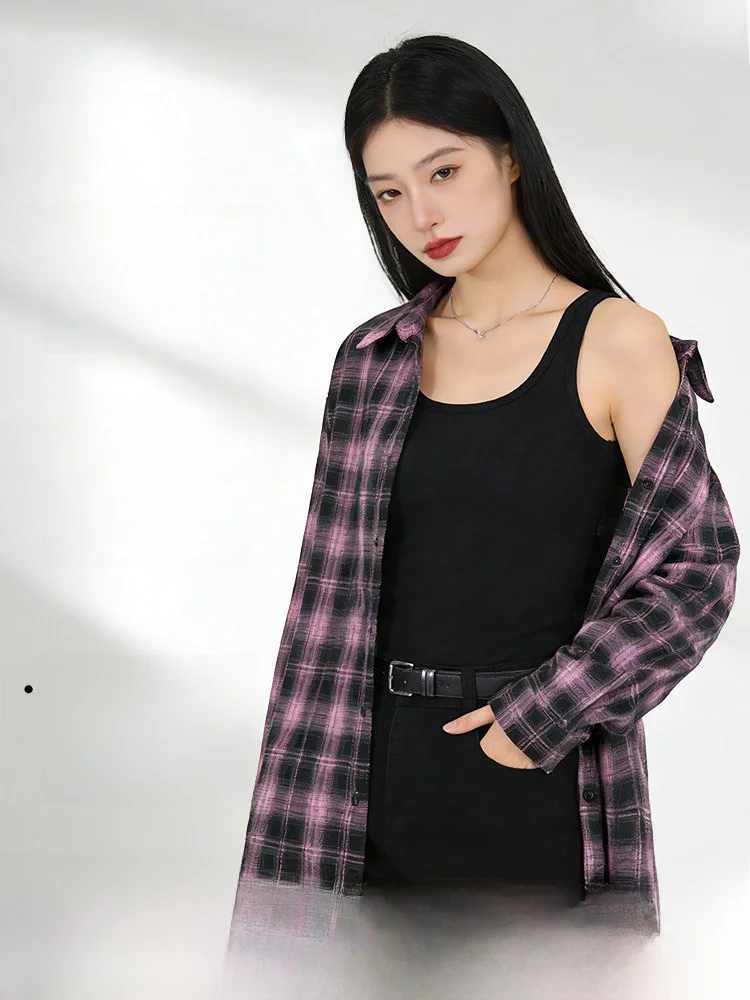 

Snow mid Flng Long Sve irt Women's Loose Casual Plaid Jaet Vintage Sle Polyester Fiber Elastic Resistant Regular Fit