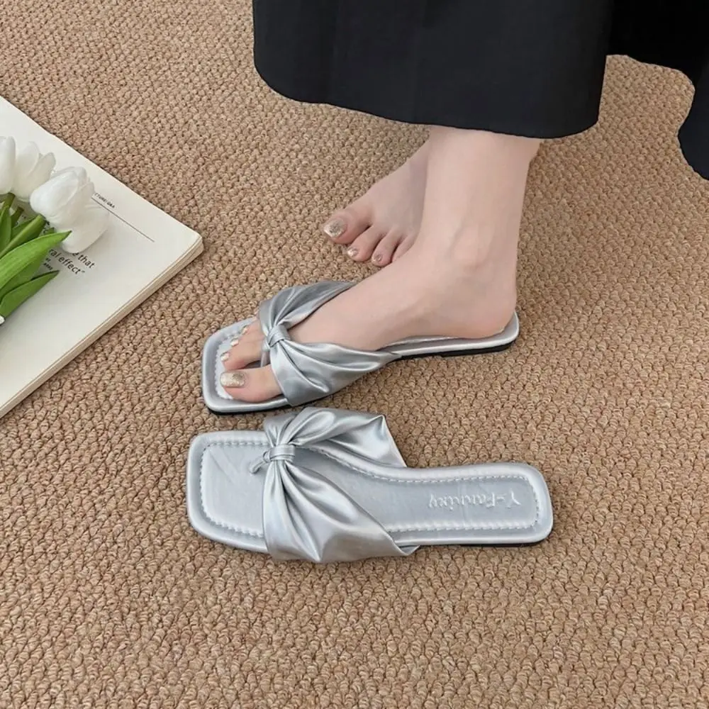 

Fashion PU Bow Beachwear Flip Flops Anti Slip Soft Sole Clip Toe Flip Flops Shoes Sweet Flat Slippers Women Gifts