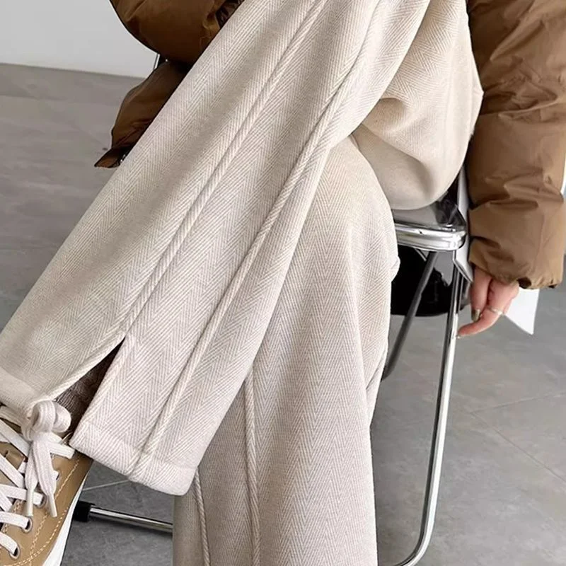 

Бархатные широкие брюки с узором «елочка» для женщин, новый стиль, шерстяные утолщенные брюки с разрезом, прямые и повседневные, большого размера