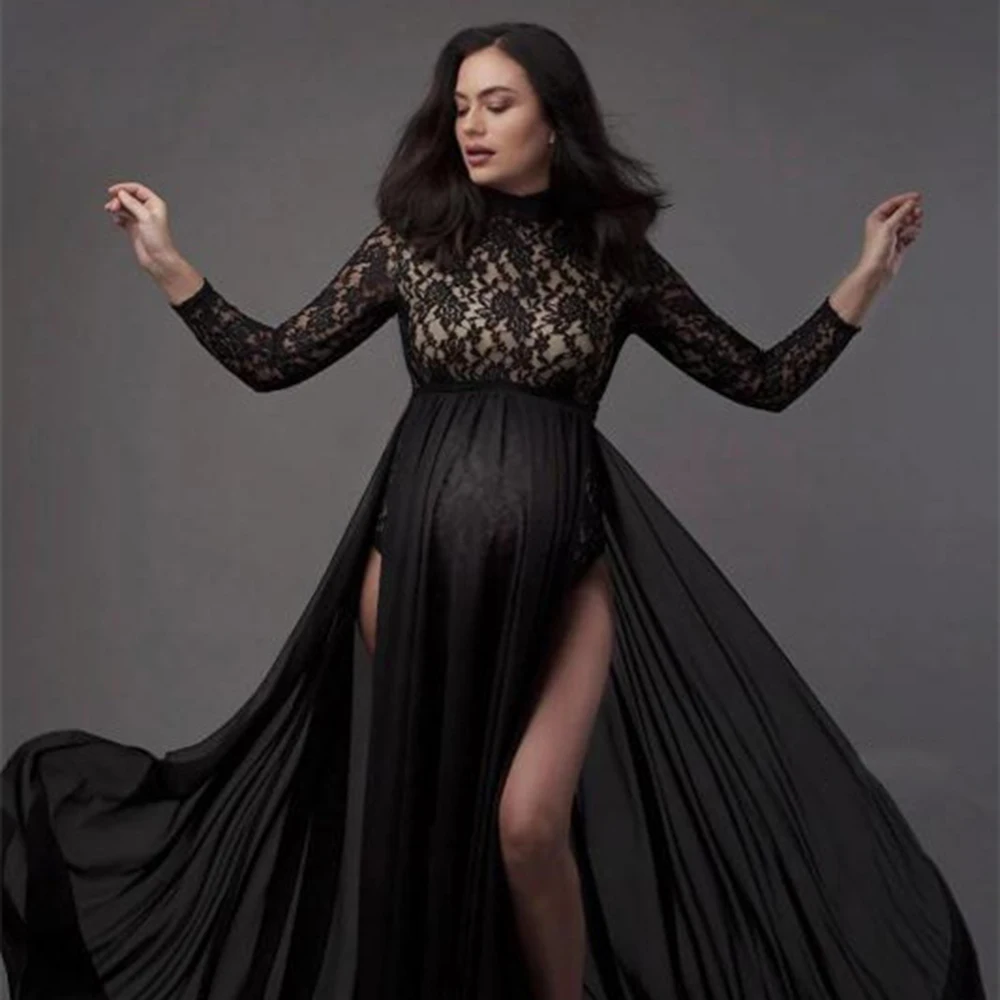 

Maternity Long Sleeves Lace Dress See-Through Bodysuit and Maxi Chiffon Skirt 2Pc Outfit for Photoshoot Baby Shower