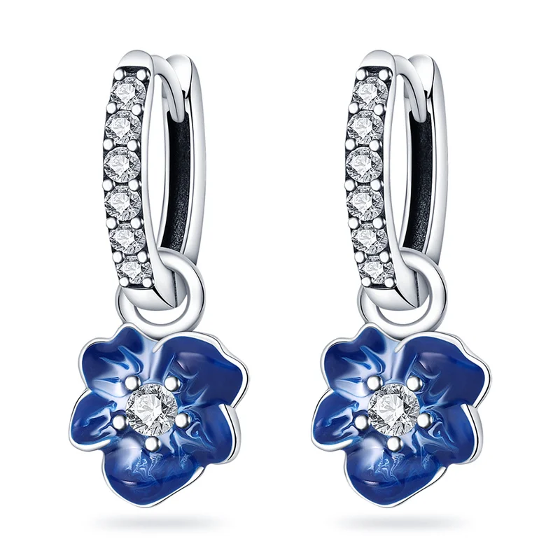 

Women Earrings Original 925 Sterling Silver Deep Blue Floral Hoop Earrings Sparkling Zircon Fine Birthday Party Jewelry Gifts