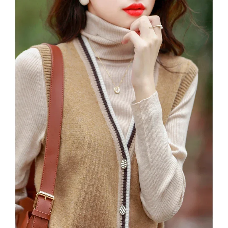 Autumn Winter Elegant Chic Knit Vest Stripe Casual Sweet Office Lady Sleeveless Sweater Cardigan Jacket Women Basic Tank Top