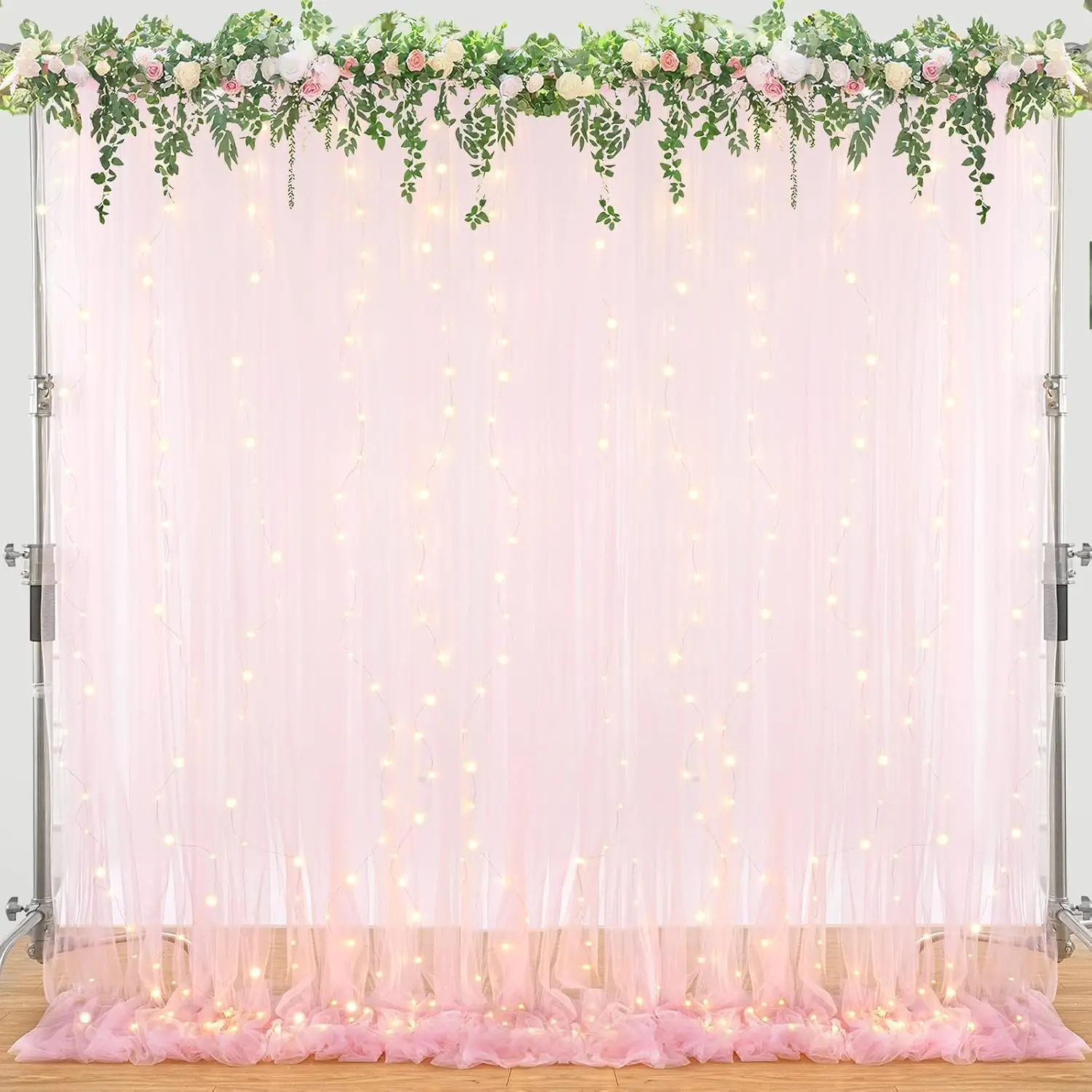 

2 Panels-5ft x 10ft Pink Tulle Photo Backdrop Curtain with Lights String for Parties Wedding Sheer Baby Pink Curtain Backdrop fo