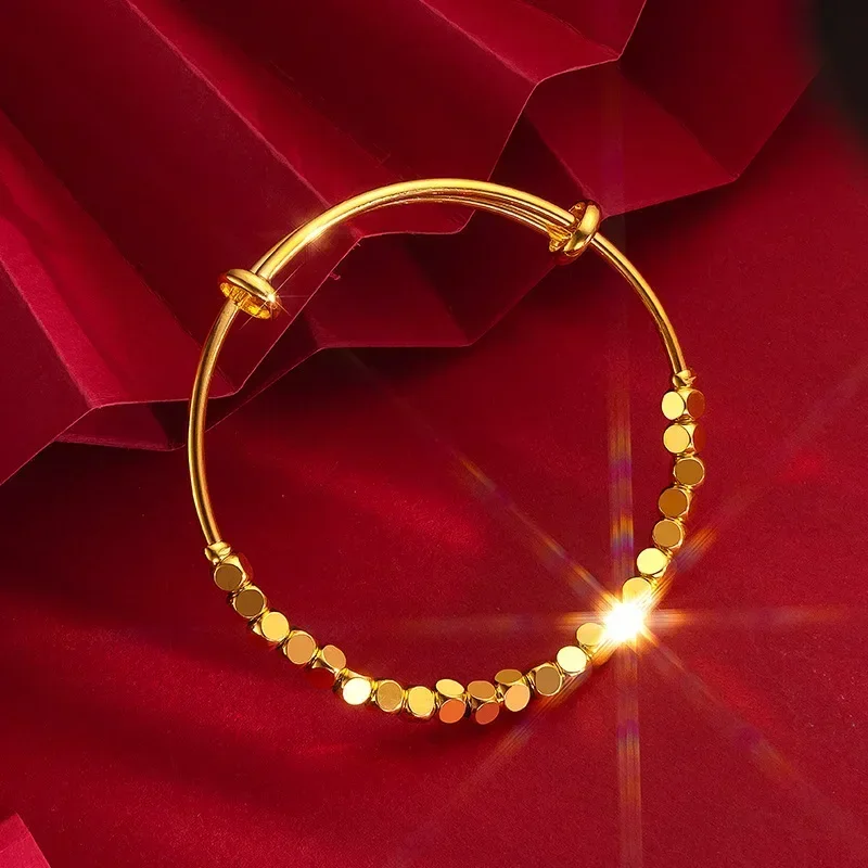 

9999 Real Gold 24K Small Square Bead Push-pull Bracelet Fashion Laser Bead Small Gold Nugget Broken Bracelet Women's