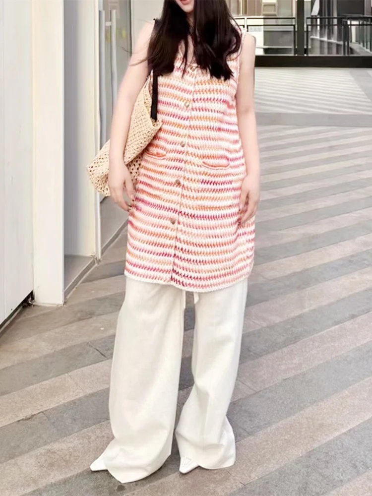 

High-End European Sle adient Tweed Svel Knitted Vest Dr Set Faionable round Ne Button-Closure ort Pants