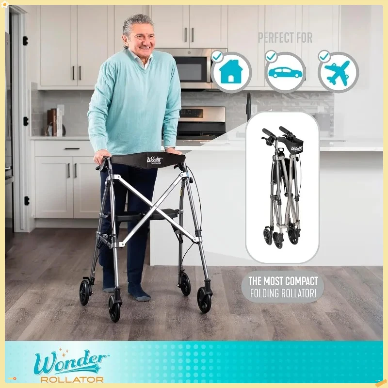 Rollator salvaspazio con sedile, camminatore pieghevole leggero per anziani, rosa