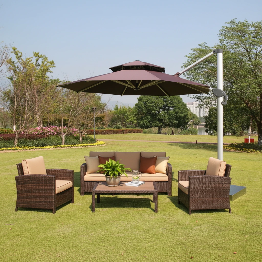 Garden Furniture Heavy Duty Outdoor Garden Sunshade Parasol Manual Lift Solar Patio Market Umbrella Led Restaurant Umbrella