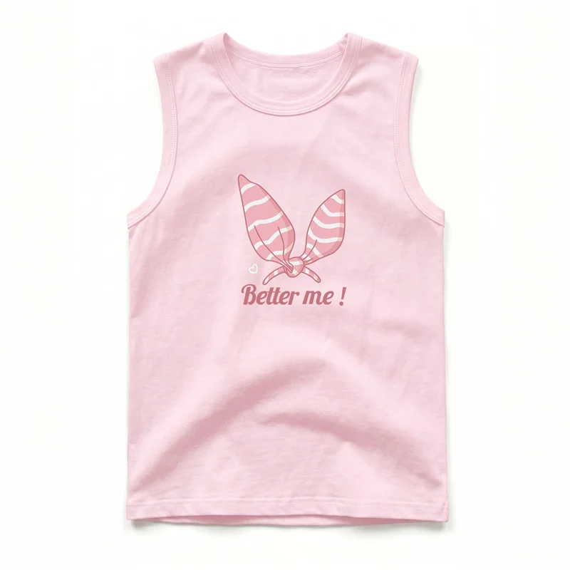 Girls Cotton Tank Top Cute Pink Bow Print Kids Summer Round Neck Sleeveless T-shirt for School Daily Wear 3-14years