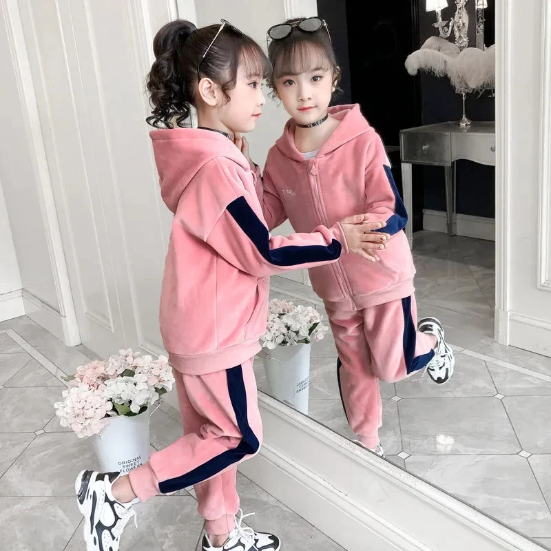 Girls Velvet Sweatshirts 2 Piece Sets Hooded Zipper Jackets + Kids Elastic Waist Jogger Pants Outfit Casual Children Tracksuit