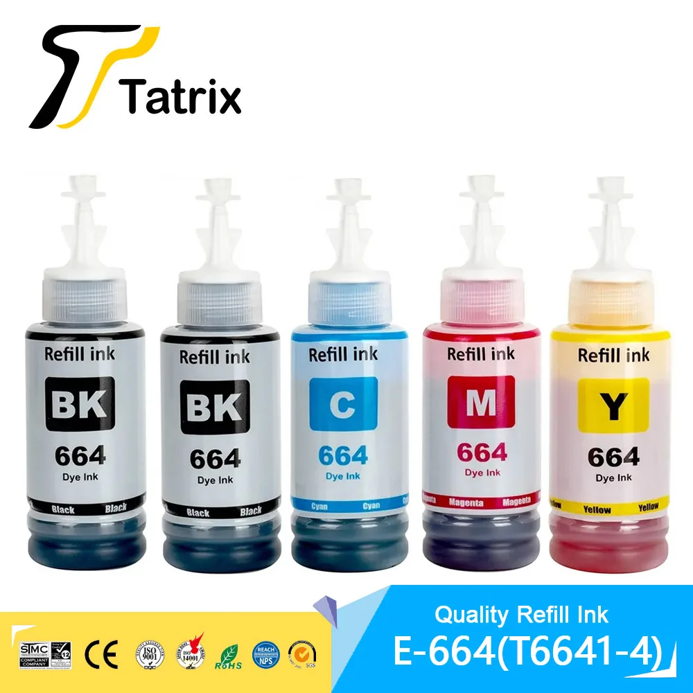 664 T664 T6641-4 Botella de Tinta de Recarga Compatible Premium para Impresoras Epson L100 L120 L130 L210 L220 L310 L350 L362 L565 L655