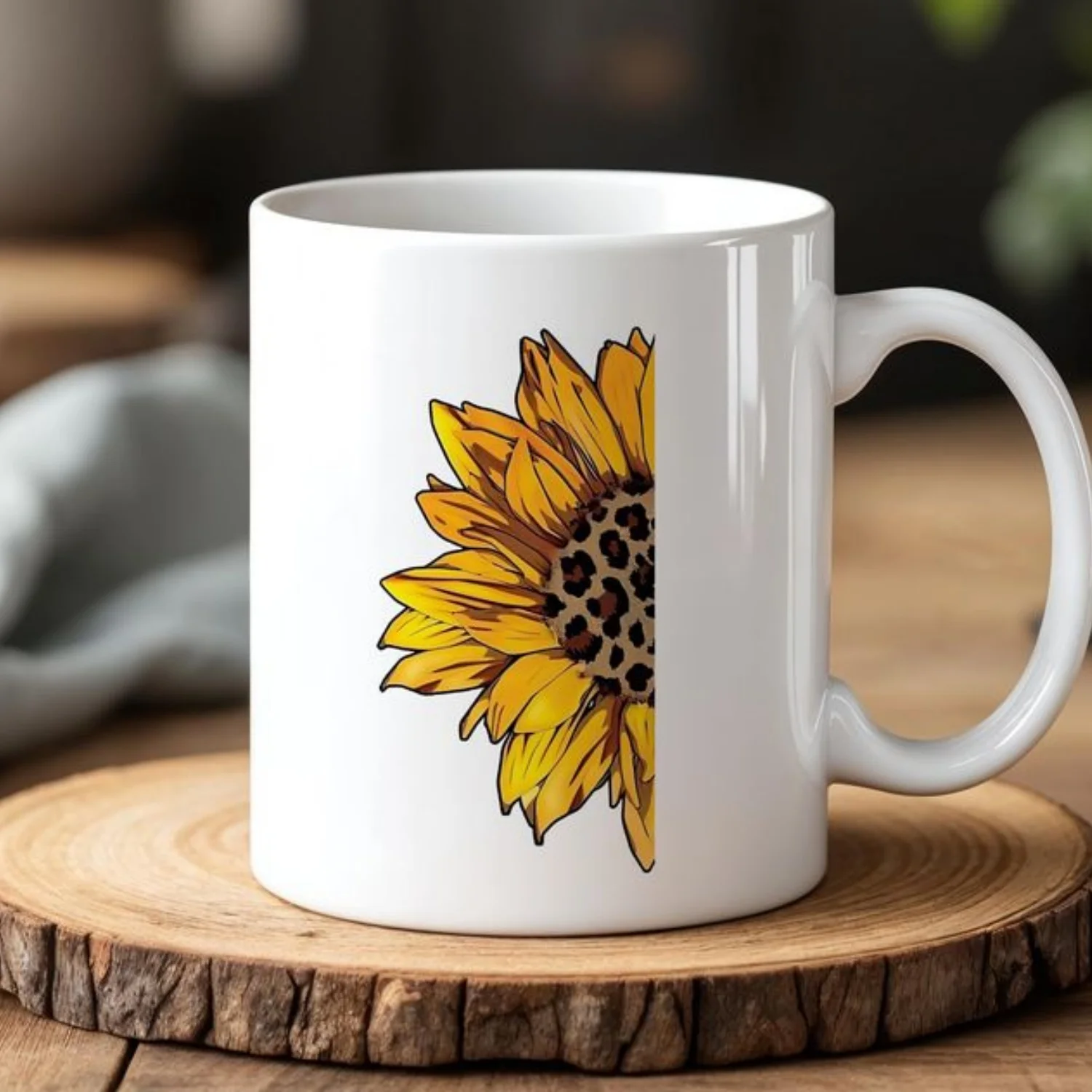11oz single leopard print sunflower mug, 330 ml ceramic mug, decorated with striking yellow floral patterns