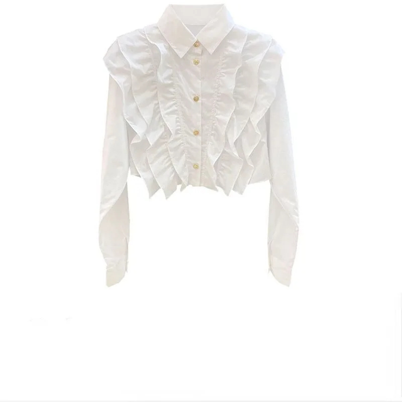 Turn Down Collar Chic Fashion Blouse Ruffled Patchwork Women Vintage Solid Elegant Shirt All Match Blusas Mujer De Moda