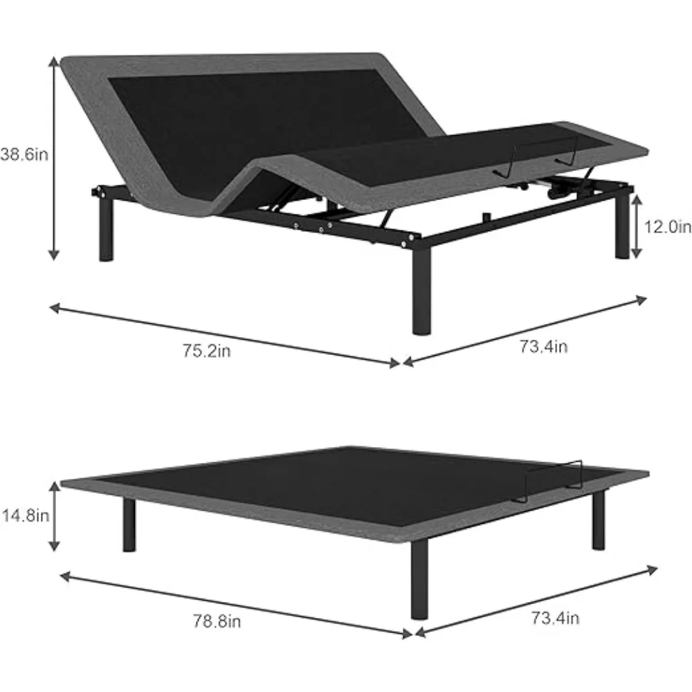 Verstelbaar bedframe, ergonomische kingsize verstelbare bedbodem, draadloze afstandsbediening, fluisterstille duurzame motor, bedframes