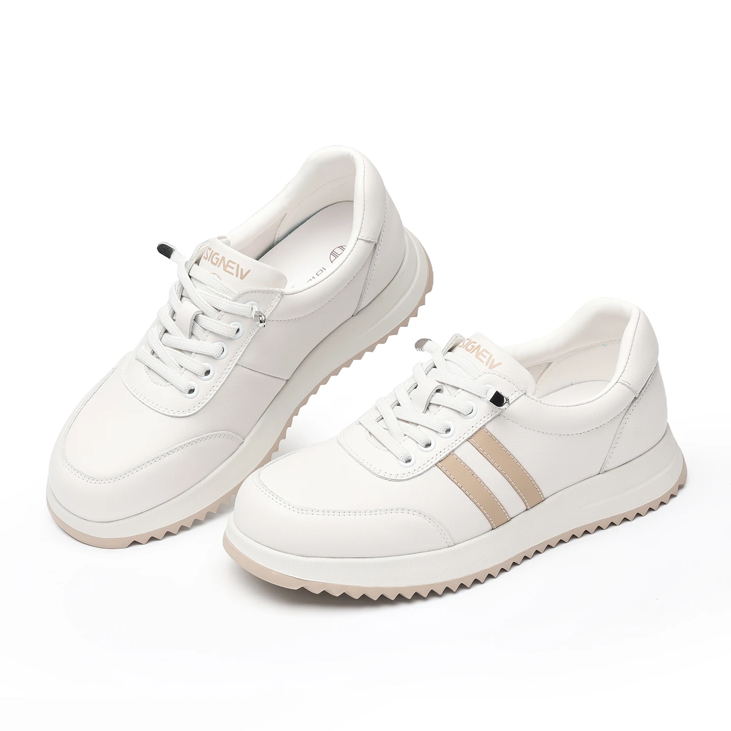 Spring and Summer Women's Genuine Leather White Sneakers, Striped Soft-Soled Thick-Soled Casual Sports Shoes, Non-Slip, Comfortable for Commuting, German Training Shoes