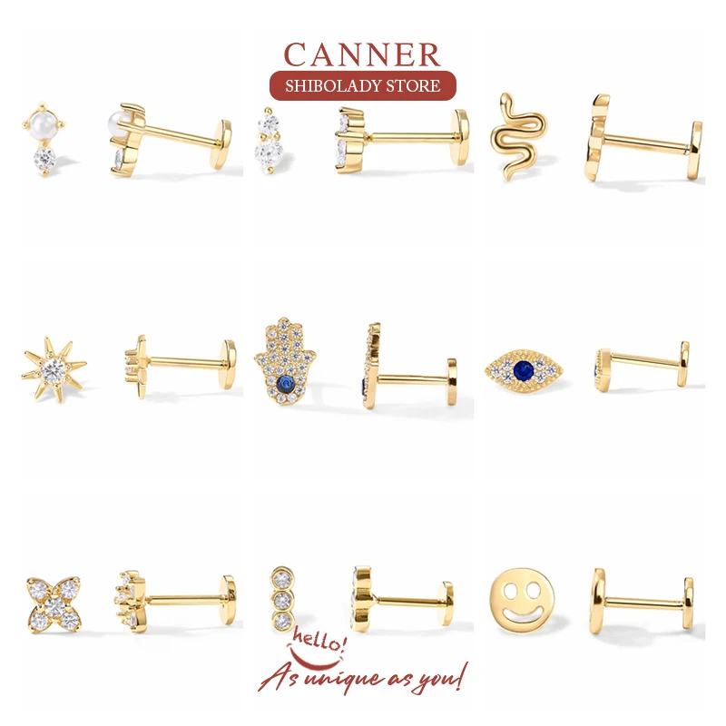 CANNER-pendientes de plata 925 con forma de ojo de palma para mujer, Piercing de oro de 18K, joyería fina para boda, 1 unidad