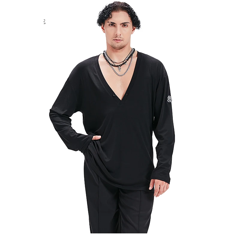 2025 chemises amples à col en v hauts de danse latine pour hommes Samba Chacha Tango adulte mâle danse latine Performance scène Costumes XH3602