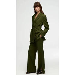 Fashionable Belt Design Green Women Pants Set High-end Female Two Pieces(Jacket+Trousers)أطقم بناطيل