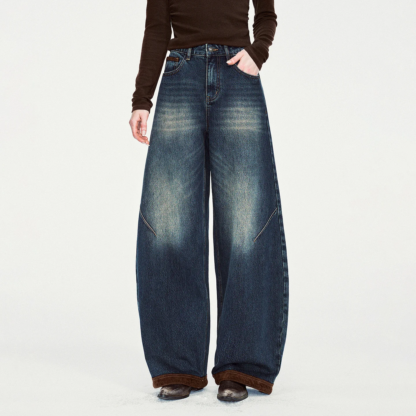 TOYOUTH Women Jeans 2026 Winter New Vintage Blue Contrast Patch Mid Rise Curved Wide Pants