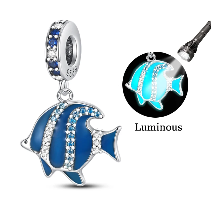 Fashion 925 Sterling Silver Ocean Luminous Blue Fish Charms Pendant Fit Original Bracelet DIY Women Engagement Jewelry Gift