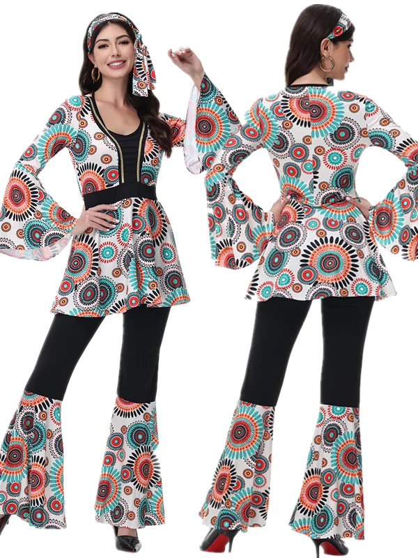 زي ديسكو للأزواج بطراز الهيبيين من السبعينيات، ملابس ريترو مطبوعة للهالوين، أزياء تقليدية من ألياف البوليستر للعروض المسرحية