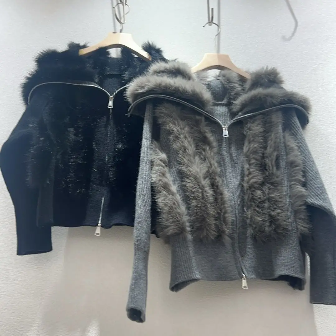 Winter Imitation Rabbit Fur Knitted Cardigan Faux Fox Fur Striped Sweater Coat Big Fur Sailor Collar Knitwear Jacket Zipper Tops