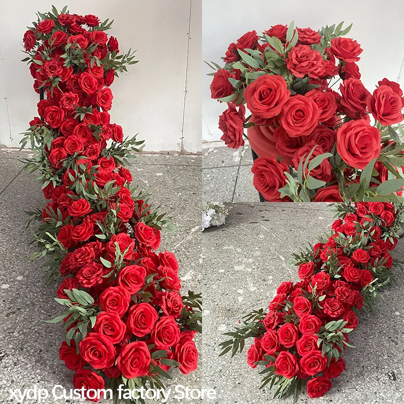 Künstliche rote Rosenblumenreihe, langer Läufer, Hochzeits-Hintergrunddekoration, Blumenarrangement, Party-Requisiten, grüne Pflanzen, Tischdekoration – Detail 2