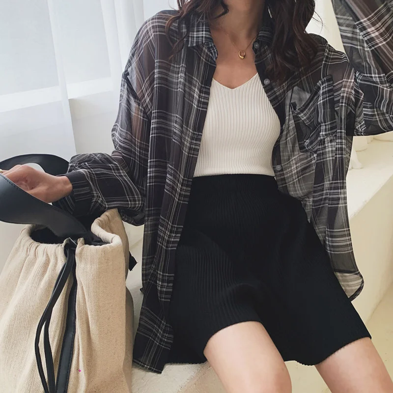 

Корейская клетчатая рубашка в стиле SLE для женщин, свободного кроя, больших размеров, с защитой от солнца, универсальная, стильная, с длинными рукавами, на пуговицах, прямого кроя