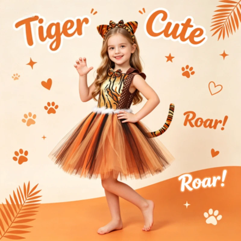 Girls Tiger Animal  Dress, Kids Jungle Party Fancy Outfit, Children Stage Performance Tutu Skirt Set, Halloween Dress for Girls