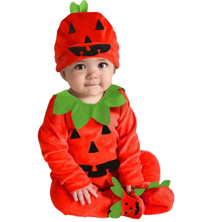 3 Stuks Baby Baby Jongens Meisjes Halloween Kostuum Jumpsuit Set Lange Mouw Schattige Pompoen Gezicht Print Romper + Hoed + Schoenen Outfits Cos