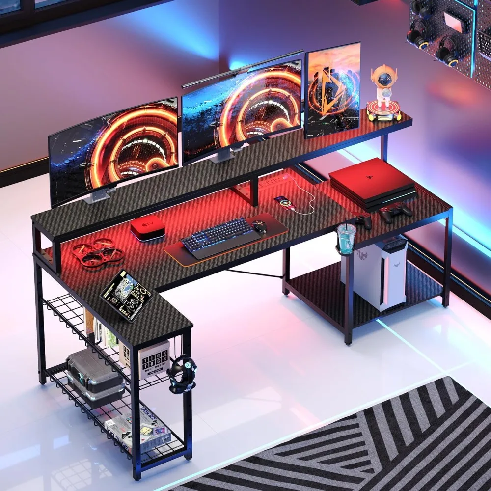 

Game table,71.5 LED computer table with long display stand,large L-shaped storage rack, cup holder headphone hook,computer table