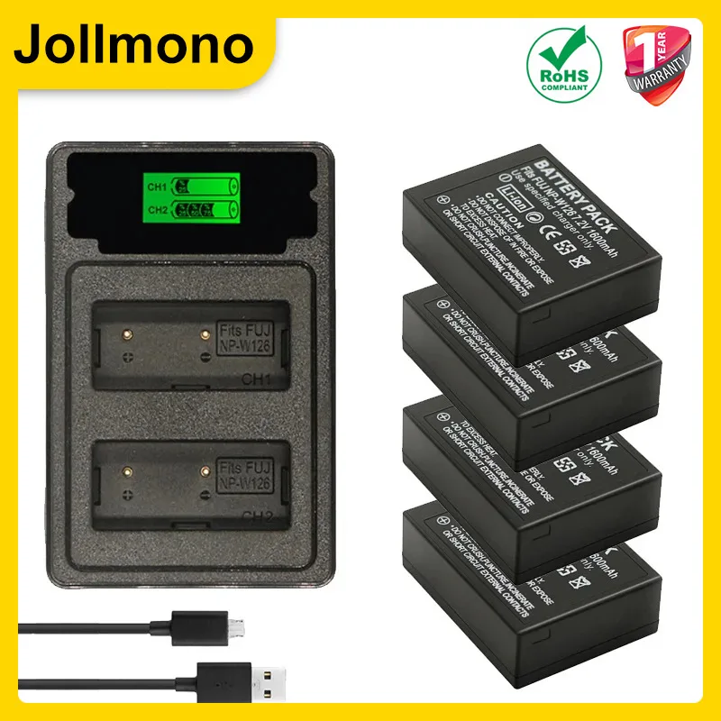 4Pcs 1260mAh NP-W126 NP-W126S Battery+LED Dual Charger Type C Port for Fujifilm HS30EXR HS33EXR X-Pro1 X-E1 X-E2 X-A1 X-A2 X-T20