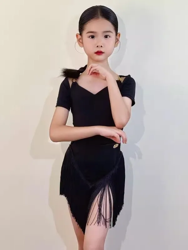 

customized children girls Latin ballroom dance practice costume short sleeved metal buckle tassel skirt performance clothes