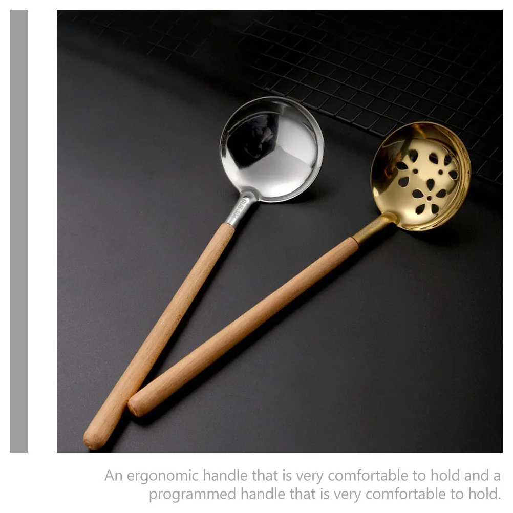 

Wooden Handled Stainless Steel Soup Spoon Ladle Large Size Slotted Cooking Filter Strainer Kitchen Tools Practical Hygienic Safe