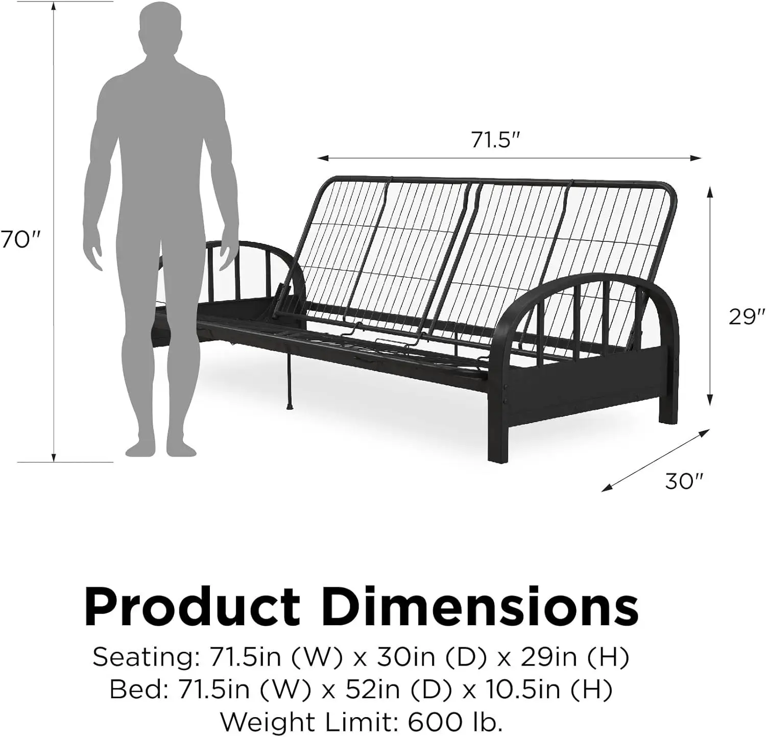 Metal Aiden Futon Frame, Quadro grande preto