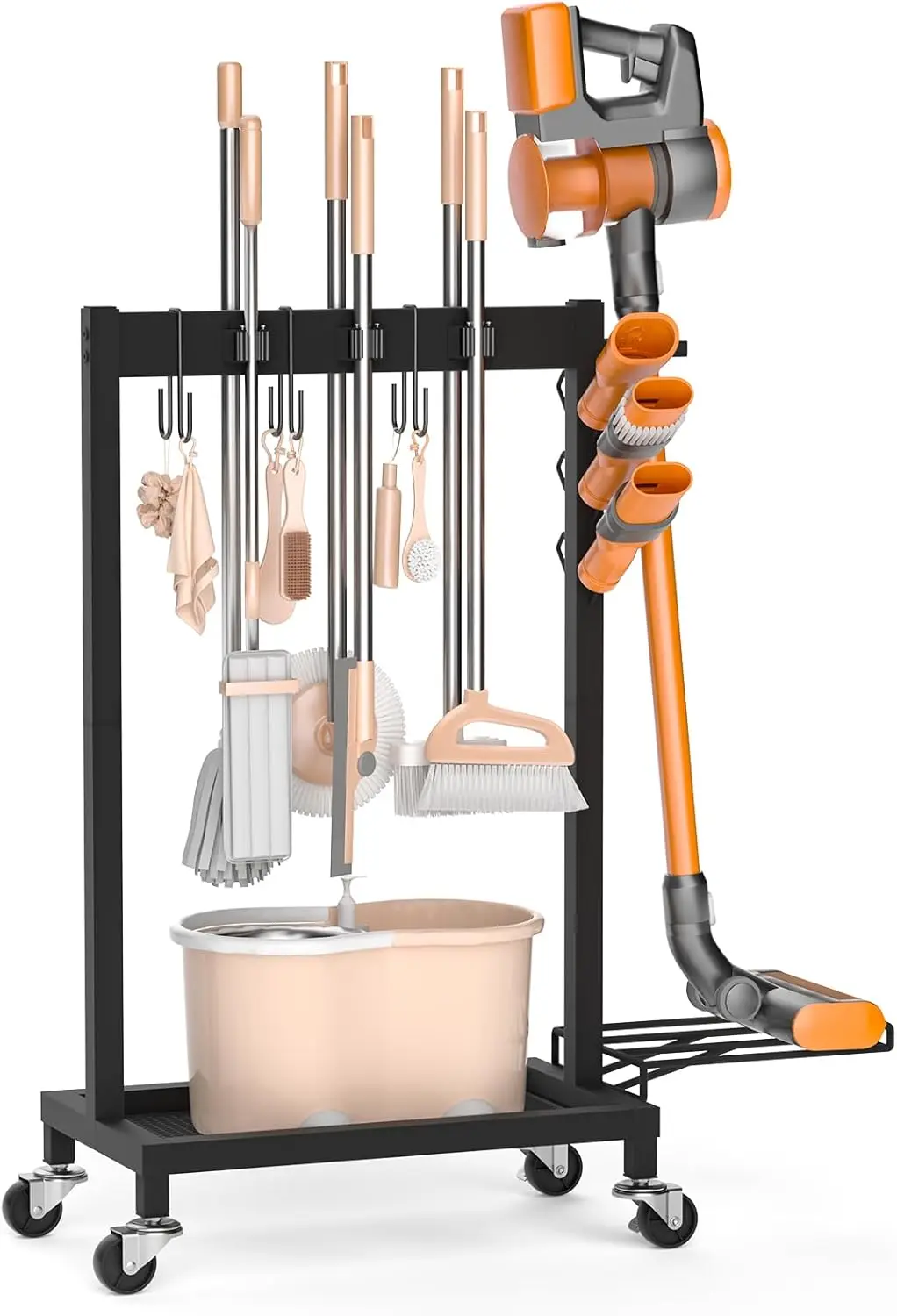 

Сверхмощная тележка для чистки с 6 вешалками для швабры, вакуумной подставкой и колесами — организация метлы в гараже для стирки