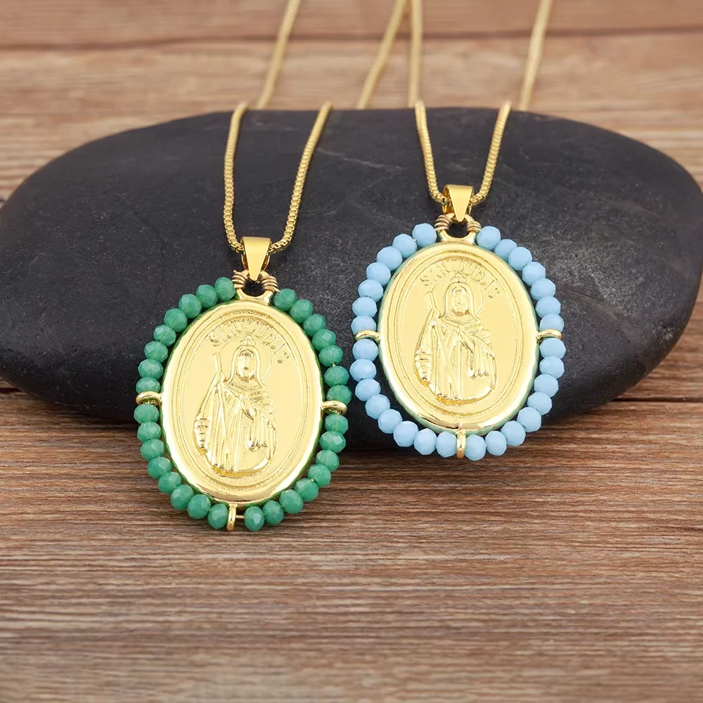Women Juda Accessories - จี้เหรียญรูปพระยูดา ประดับด้วยลูกปัด 6 สี สร้อยคอทองแดงประดับเพชรซิคอน เครื่องประดับทางศาสนา