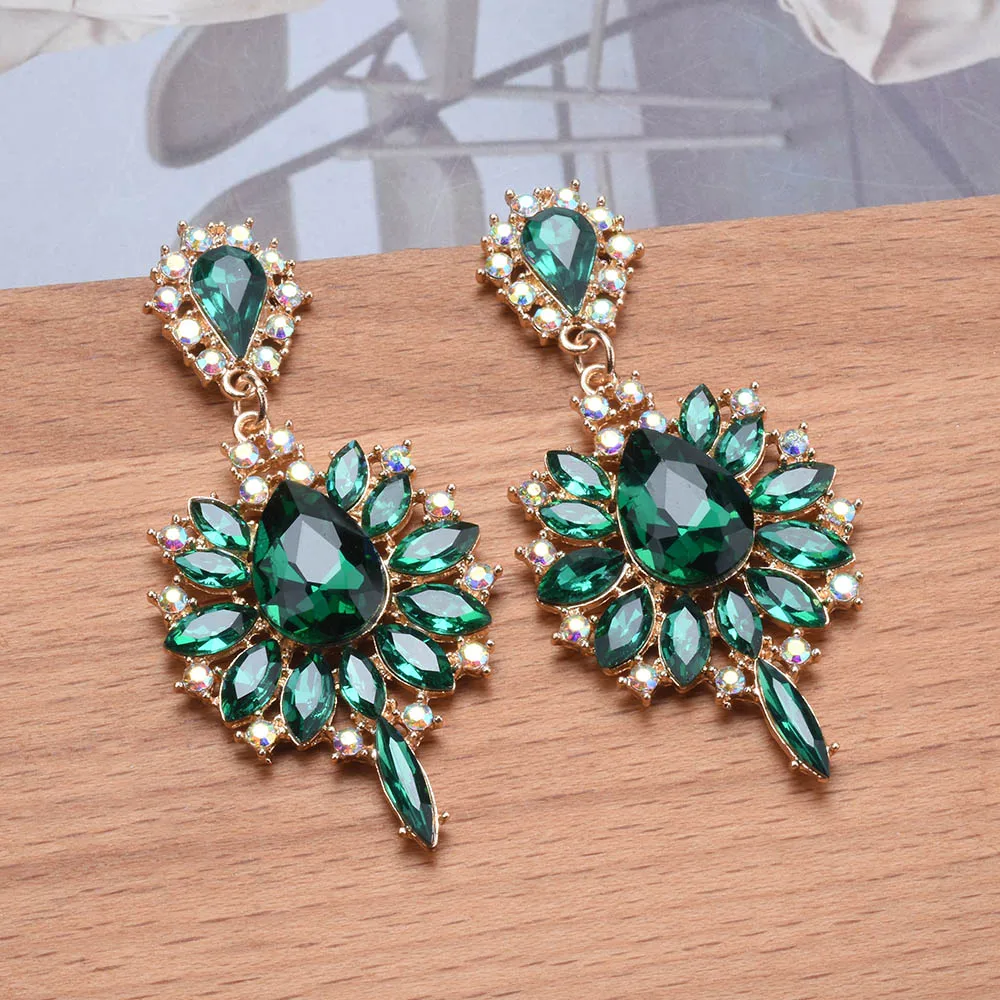 2024 New Fashion Green Red Champagne Crystal Rhinestones Big Dangle Earrings Women Indian Ethnic Statement Long Earrings Jewelry