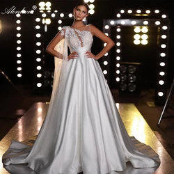 Alonlivn Elegant A-Line bridal gowns Beading Pearls Appliques One Shoulder Satin Wedding Dresses With Wrap