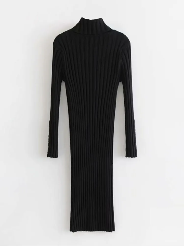 Women Winter Casual Sheath Maxi Dress Vintage Long Sleeve Female Knitted Turtleneck Button Bodycon