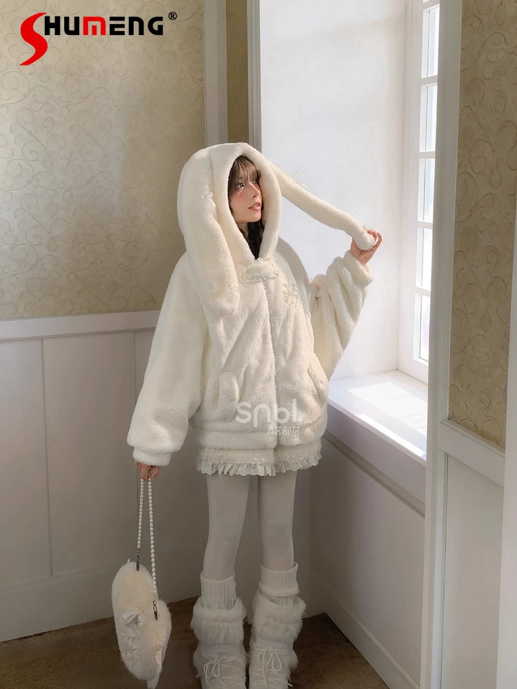 

Sweet Cute Girl Rabbit Ear Hooded Fleece Hoodies Sweatshirt Thickened Warm Versatile Loose White Short Jacket Coat Women Winter