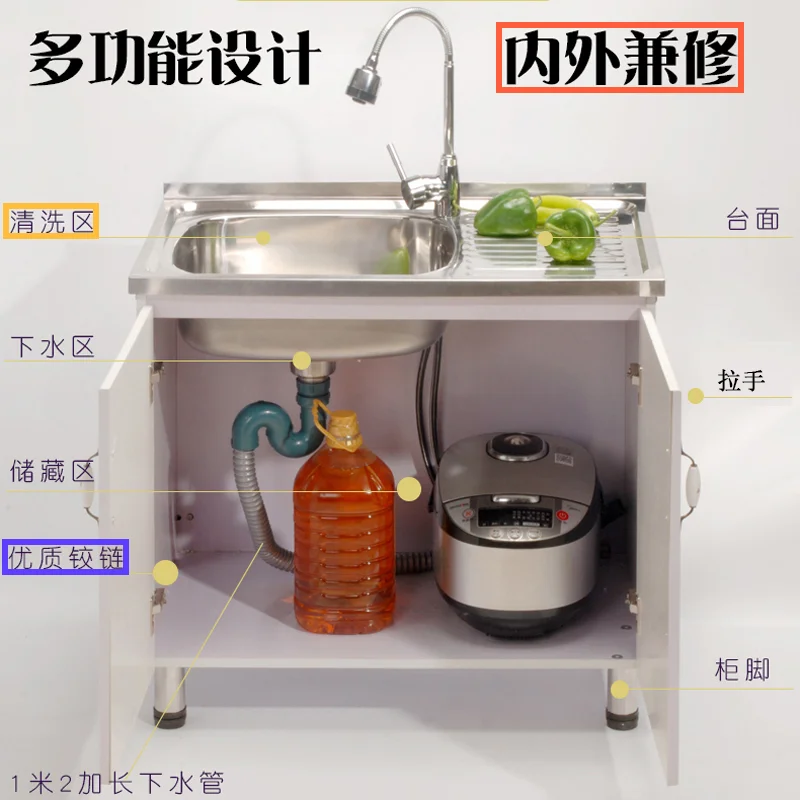 

Stainless Steel Sink Cabinet, Vegetable Bowl Basin Single Double Sink Bracket, Laundry Sink Storage Integrated