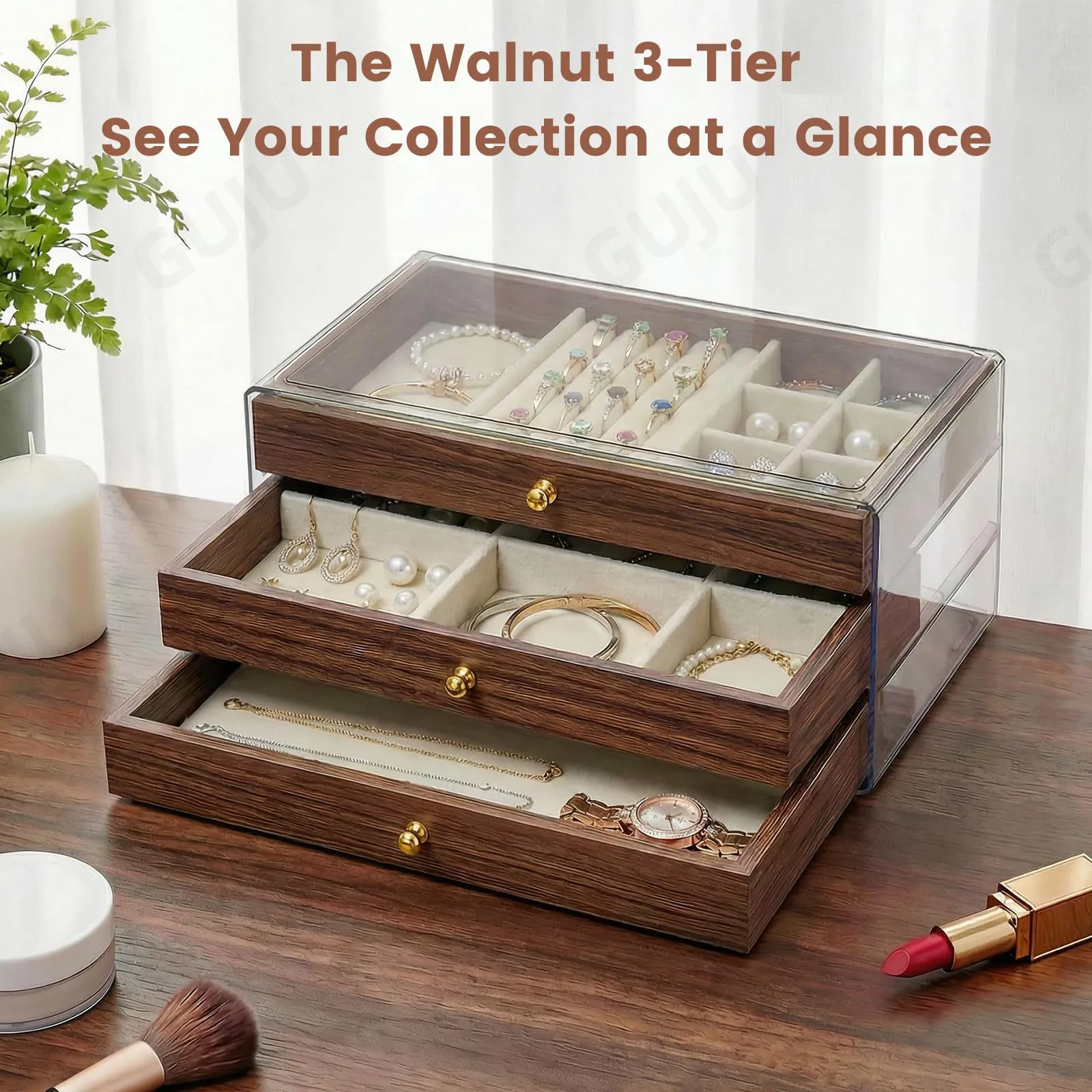 3-Layer Black Walnut Jewelry Box Rings Earrings Necklaces Bracelets Multifunctional Large Capacity Organizer Display Women Gift