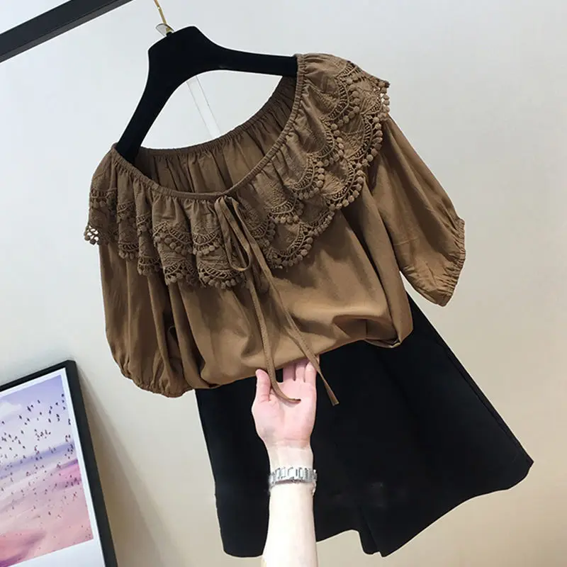 Blouses Women Pure Color Vintage Cozy Lace-up Trendy Baggy Female Elegant Daily Mujer Blusas Summer Simple New Arrival Clothes