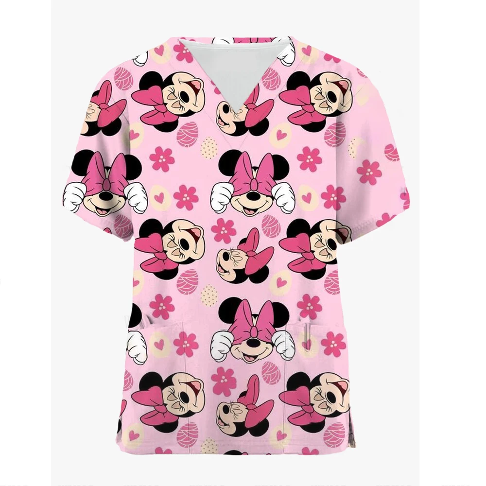 Mickey T Shirts Disney Tops Hospital Top Women 2024 V Neck T-shirts Minnie Mouse T-shirt Nurse Uniform Woman Clothes Pocket Tees