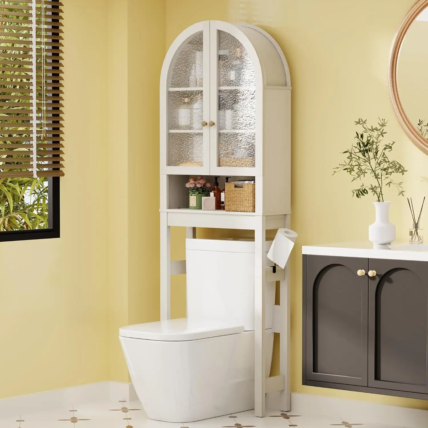 Over The Toilet Storage Cabinet, 23.7”W Modern Storage Cabinet Over Toilet with Acrylic Doors, Arched Freestanding Over Toilet