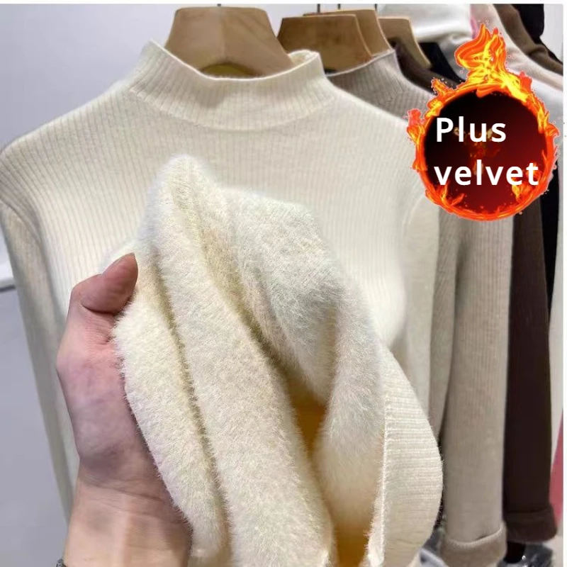 Mock Neck Pullovers Women Winter Warm Plus Velvet Thicker Basic All-match Solid Simple Office Ladies Korean-style Trendy Leisure