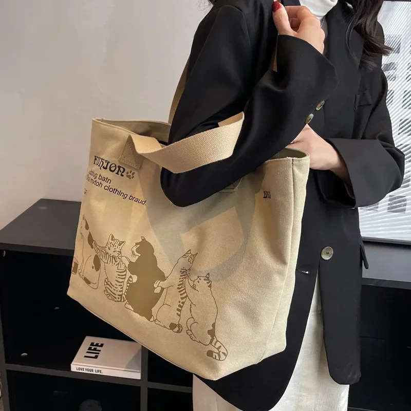 Canvas Bag Large Capacity Totes Women Handbags Cartoon Cats Storage Hobo Bag New Casual Commute Shoulder Bag Crossbody Big Bag