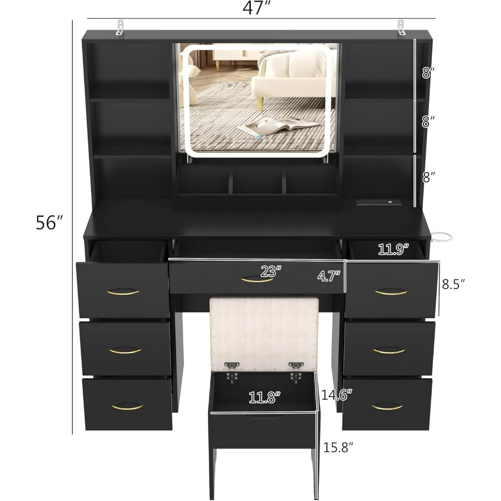 Mesa de vaidade grande de 47 polegadas com 7 gavetas, banco de almofada, saída, 6 prateleiras, conjunto de mesa de maquiagem preta com 3 luzes