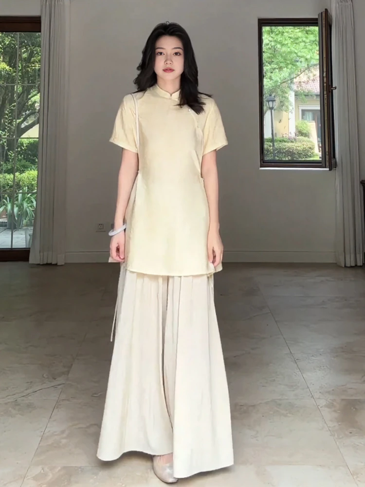 

plus Size Women's Summer New Chinese Style Loose Short Sleeve Shirt And Wide Leg Pants Two Piece Set Slimming Zen Inspiration