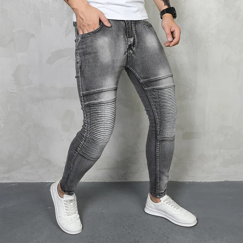 High Quality New Arrival Men's Skinny Cowboy Pants Kpop Korean Style Pleated Design Stretch Grey Motorcycle Riding Jeans for Men